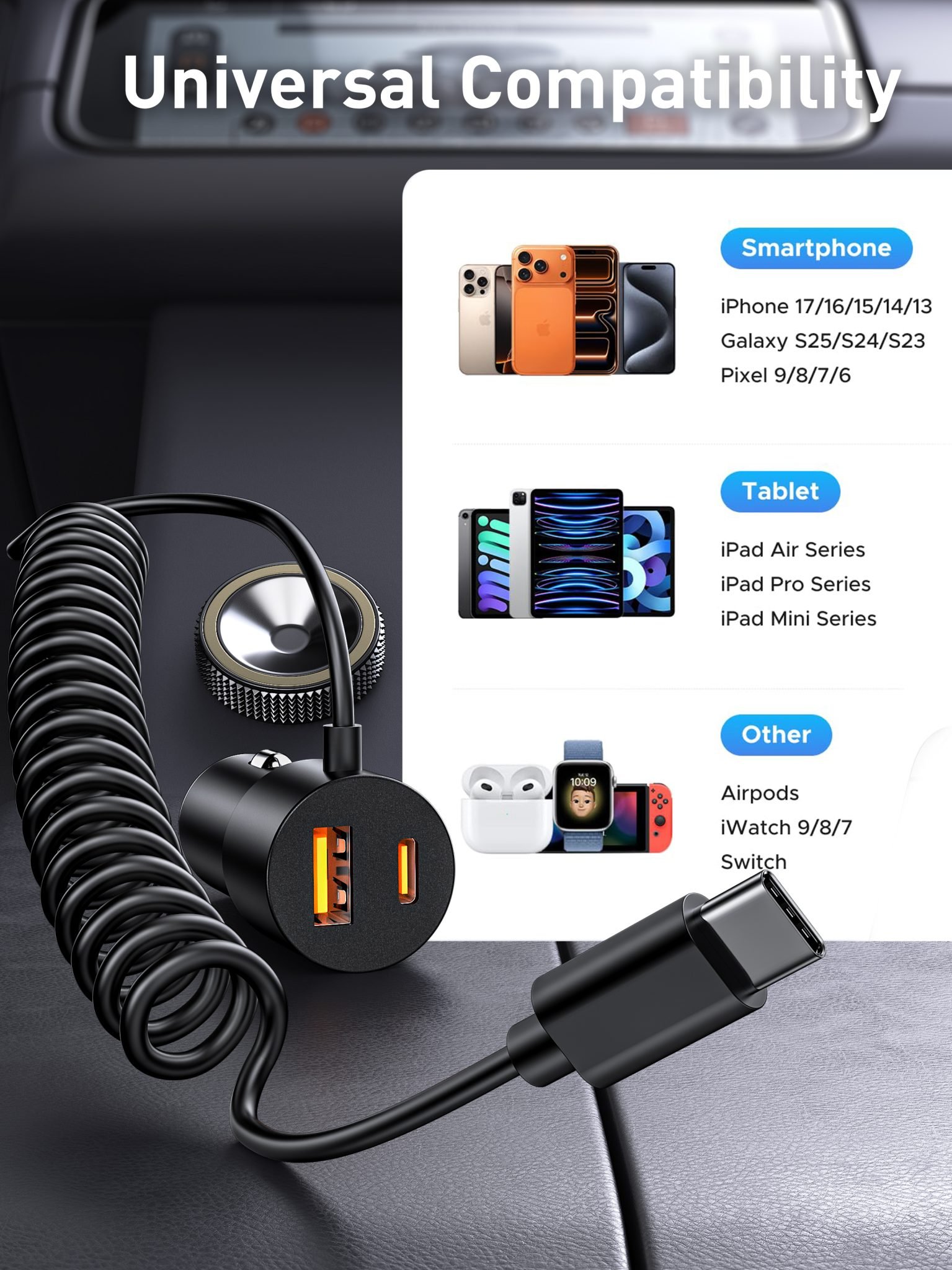VEN-DENS 66W Fast Car Charger with Built-in USB-C Cable - Image 2