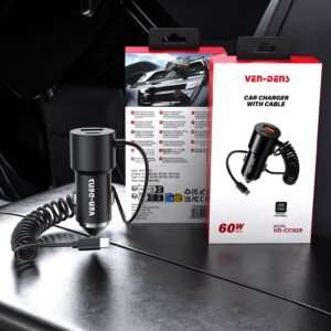 VEN-DENS 66W Fast Car Charger with Built-in USB-C Cable
