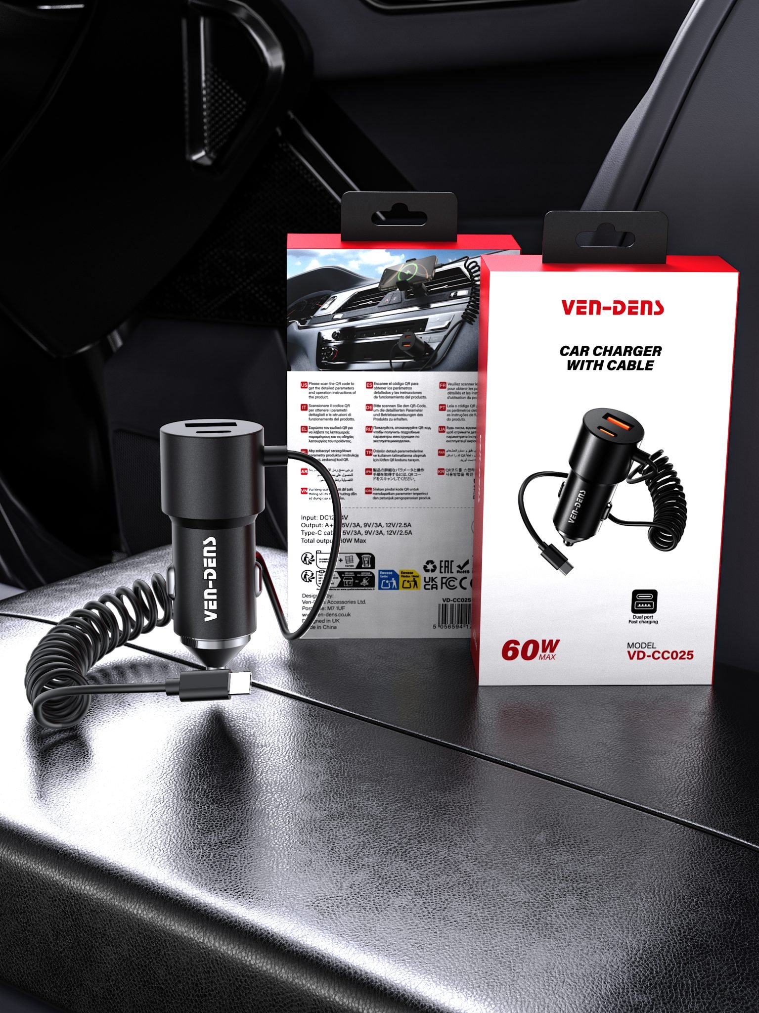 VEN-DENS 66W Fast Car Charger with Built-in USB-C Cable - Image 4